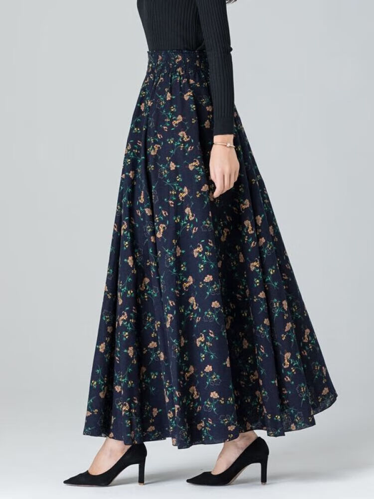 利麦春秋高个子拖地到脚踝大摆超长款长裙新款半身裙高腰棉麻字裙 蓝