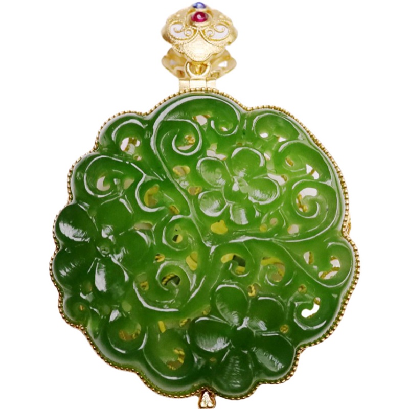 珠玥珠宝 和田玉镂空圆牌吊坠碧玉18k金镶玉镂空香囊挂件玉坠女款