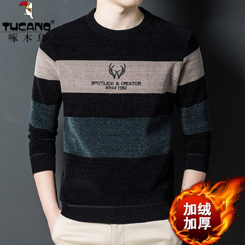 啄木鸟（TUCANO）毛衣男圆领印花加绒加厚针织衫冬季中青年宽松保暖套头打底衫 YZ862蓝色 L (170) 推荐110-130斤