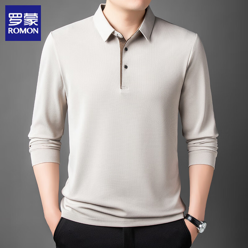罗蒙（ROMON）长袖t恤男翻领2025秋季新款商务休闲纯色男士polo领打底体恤衫 米白 XL (建议135-150斤)