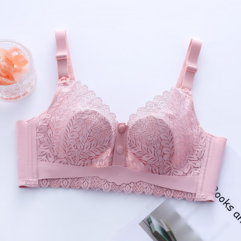蕾丝边夏季无钢圈哺乳文胸上开扣聚拢不下垂薄款产后喂奶内衣 粉色 34