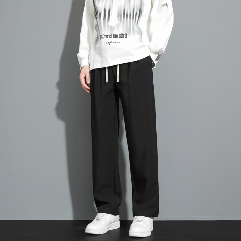 PBOA加绒宽松休闲西装裤男抽绳松紧腰秋冬直筒垂感阔腿长商务西服裤子 黑色【长裤】 4XL (建议180-200斤)