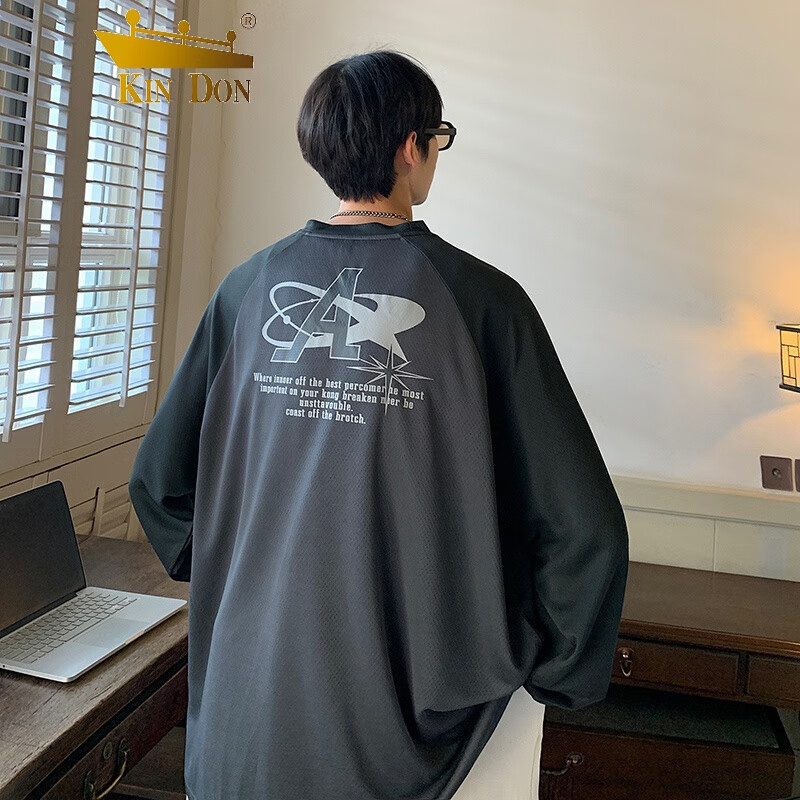 kin don外套男春秋秋季条长袖透气拼色衣服印花上衣卫衣球服慵懒风