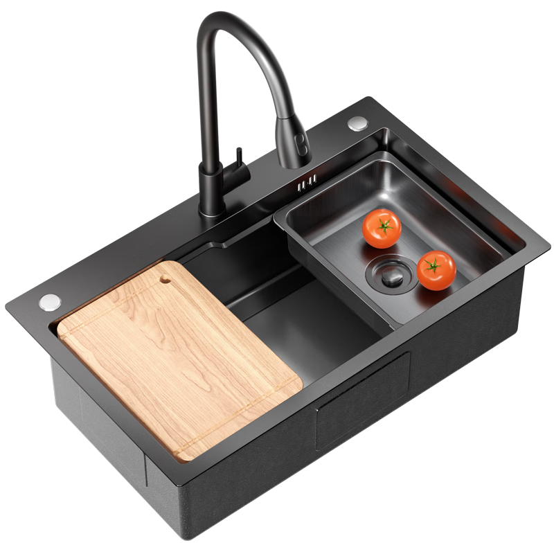 卡贝（cobbe）厨房水槽单槽黑色纳米手工加厚不锈钢洗菜盆台下盆中盆洗碗槽水池 不锈钢纳米槽75*45+双抽拉龙头