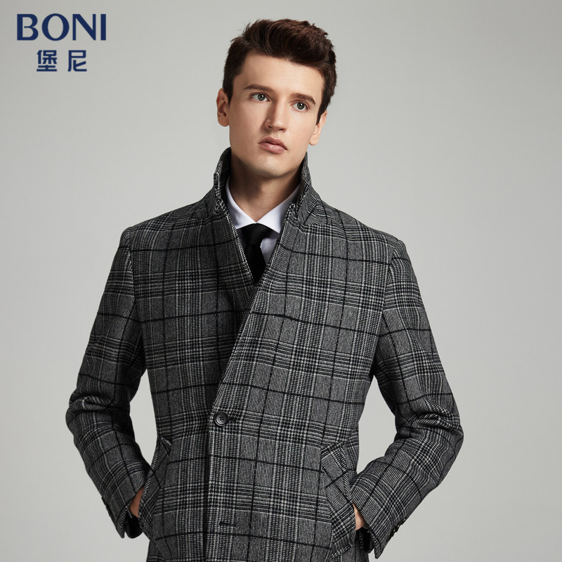 boni/堡尼商务休闲呢子大衣男秋冬新品男士翻领羊毛大衣外套中青年
