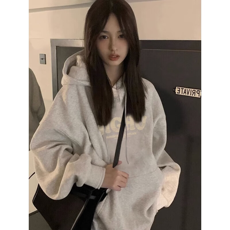 索菲堡 复古ins国潮牌美式薄款卫衣女2023秋冬新款设计感小众加绒外套潮 米灰色加绒 L属于什么档次？