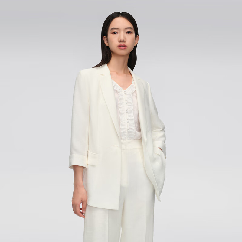 OVV春夏热卖女装平驳领修身七分袖翻边干练休闲西服外套 本白(净色)10 M