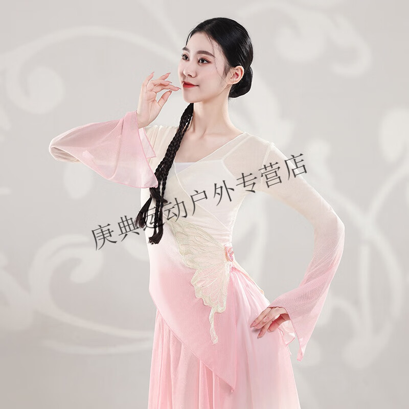 炫逐古典舞蹈服女飘逸弹力渐变纱衣中国舞基训练功服身韵仙气演出服装 杏粉渐变(单上衣) S