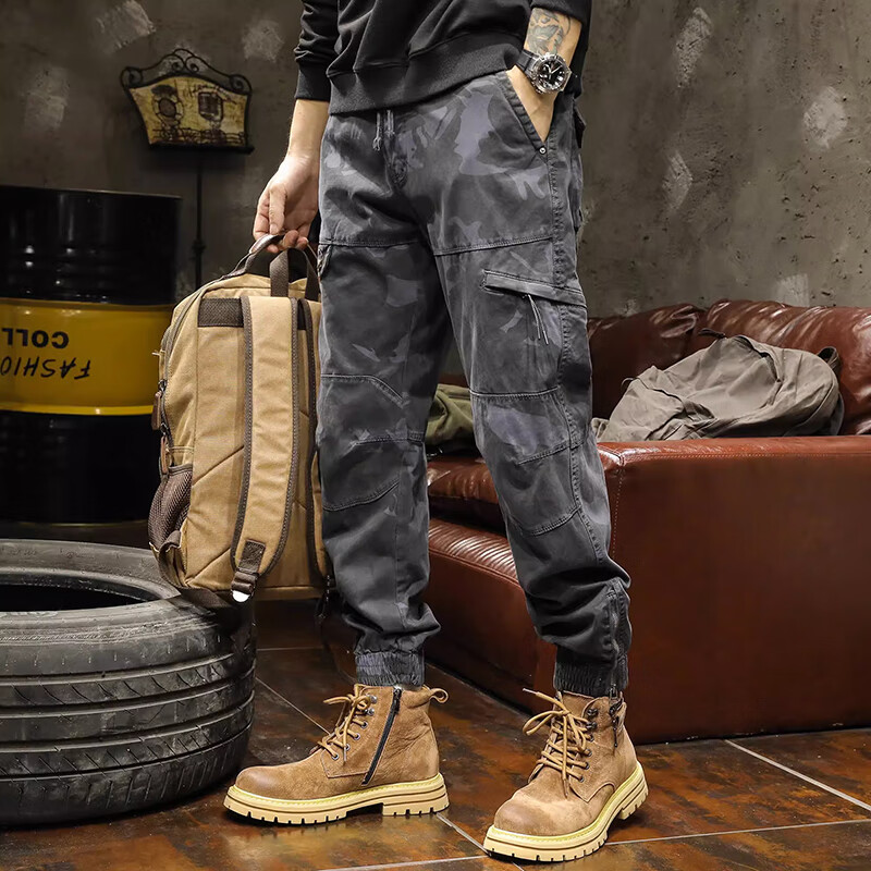 潮天士迷彩工裝褲男秋冬季休閑運動束腳長褲子潮牌痞帥戶外登山傘兵褲男 灰色迷彩 30【115-130斤】