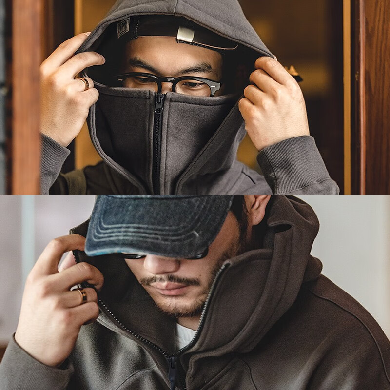 马登工装 美式重磅连帽卫衣防风拉链面罩服vibe潮流机车外套男 深灰色（毛圈布） S