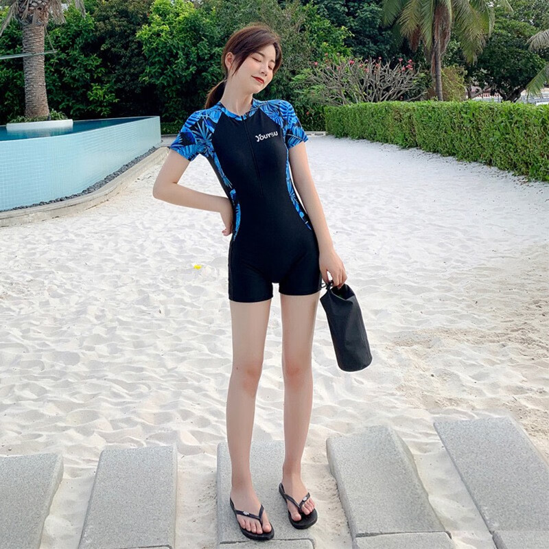 佑游 游泳衣女新款遮肚显瘦性感连体温泉泳衣ins风范保守泳装 黑蓝短袖款 XL（100-116斤）