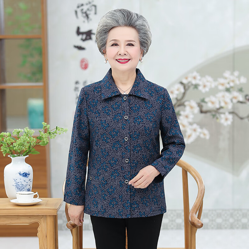 trtj秋天老太太老人衣服奶奶春秋款长袖加肥老年人女装秋装碎花衬衫