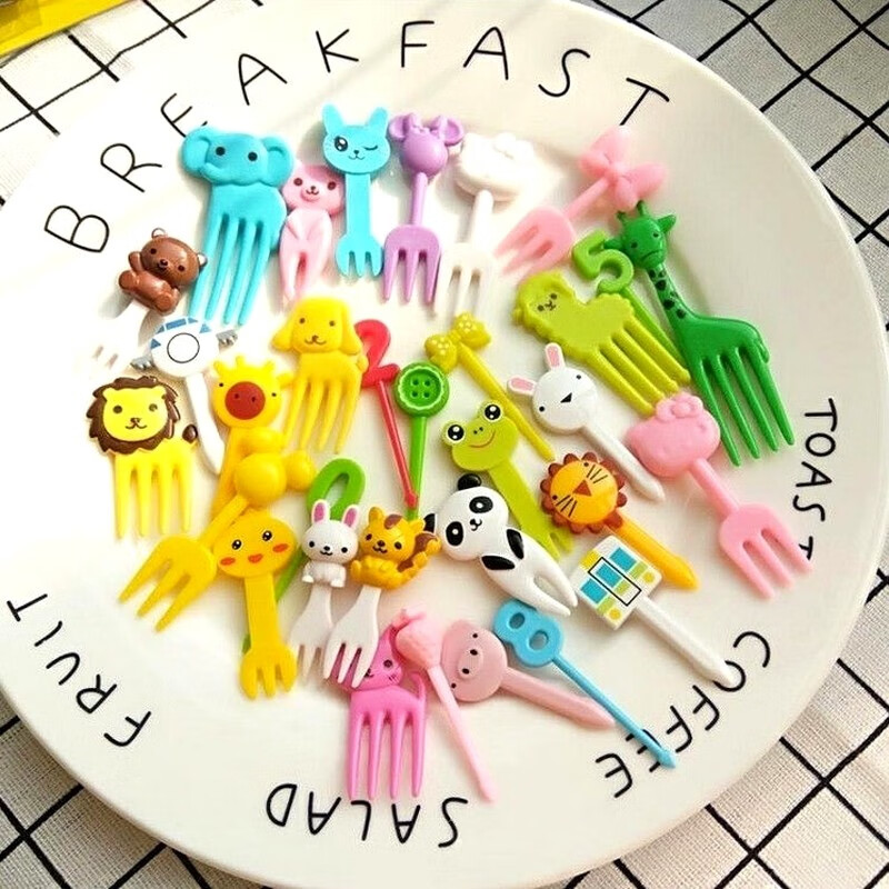 水果叉子儿童安全甜品点心塑料水果插签一次性家用吃蛋糕叉 动物水果