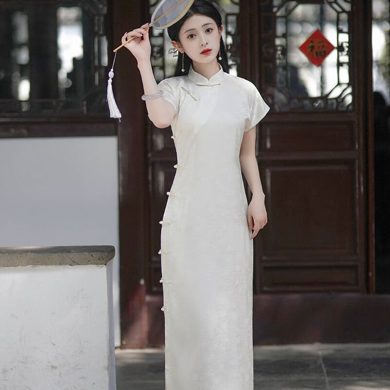 歆栩民国风旗袍复古高贵中国风一片式开襟裙遮肉遮肚年轻提花古风细腰