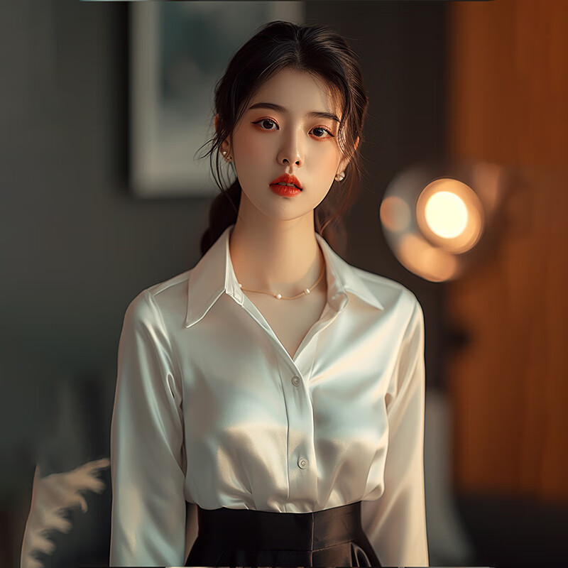 liscn真丝衬衫女时尚西装内搭优雅气质通勤醋酸缎面抗皱免烫白衬衣