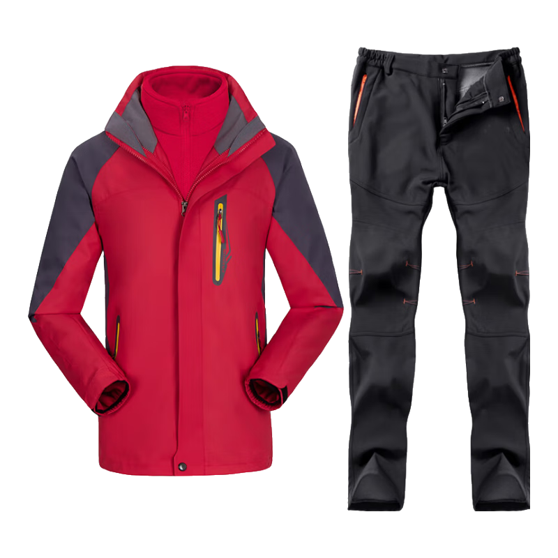TUOWAI戶外沖鋒衣男女兩件套防水寒登山服衣褲套裝定制logo工作服工裝 男大紅+黑褲 S