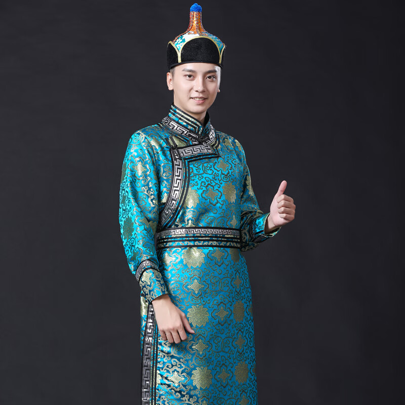 男士蒙古服装长款传统蒙古袍民族服装婚礼服饰成人新款蒙古演出服 湖