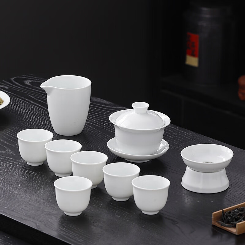 希格鲨白瓷功夫茶具套装礼盒logo定制家用羊脂玉瓷泡茶盖碗茶壶茶杯陶瓷 白瓷三才盖碗美人杯套装 套 京东折扣/优惠券