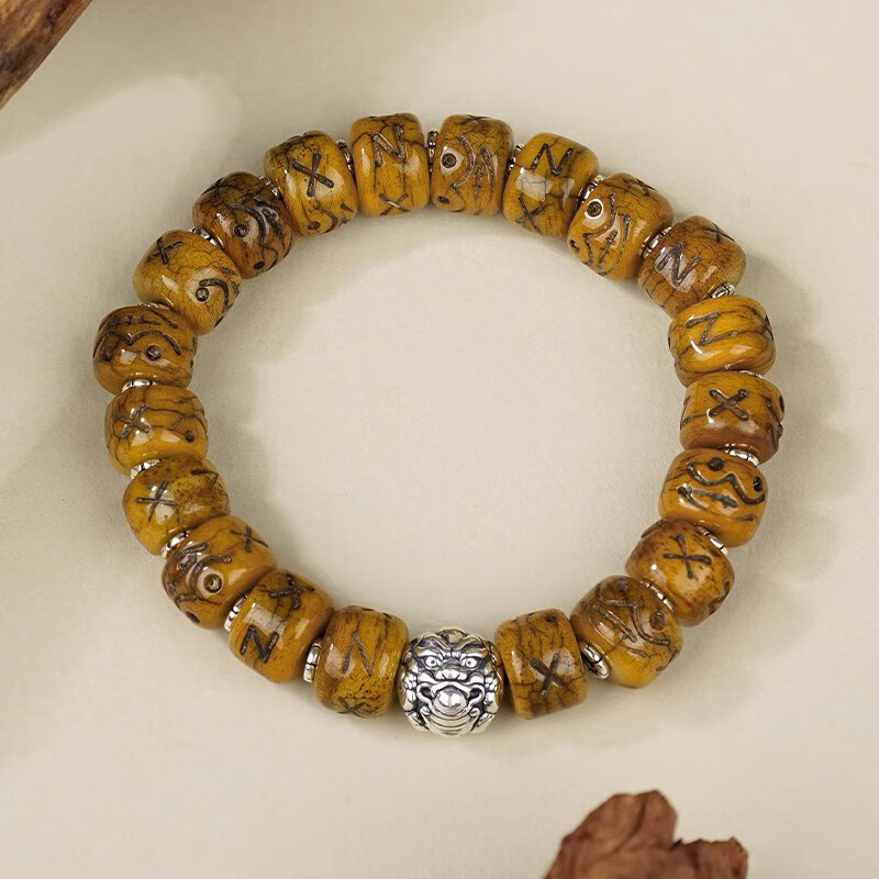 闪电虎牙香灰念珠佛珠男女手链 足银吐宝鼠牛骨手串