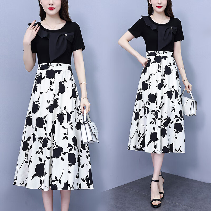 薇洛萱荷叶边拼接2024夏季新款连衣裙女装收腰显瘦中长款夏天裙子8051