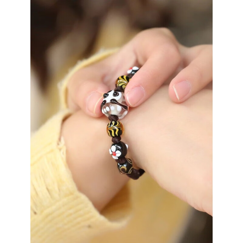 日式达摩琉璃珠手链红绳男女情侣款手绳手工编织幸运 黑色