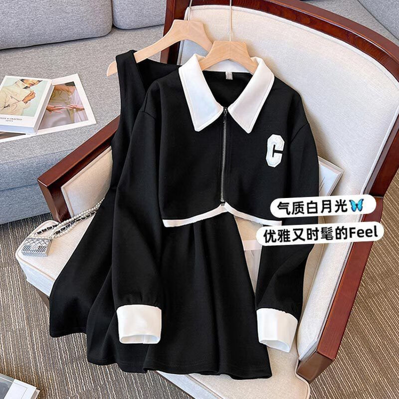 rtwk妹连衣裙春季新款2024遮肚子2024秋季宽松卫衣外套胖 黑色套 裙子