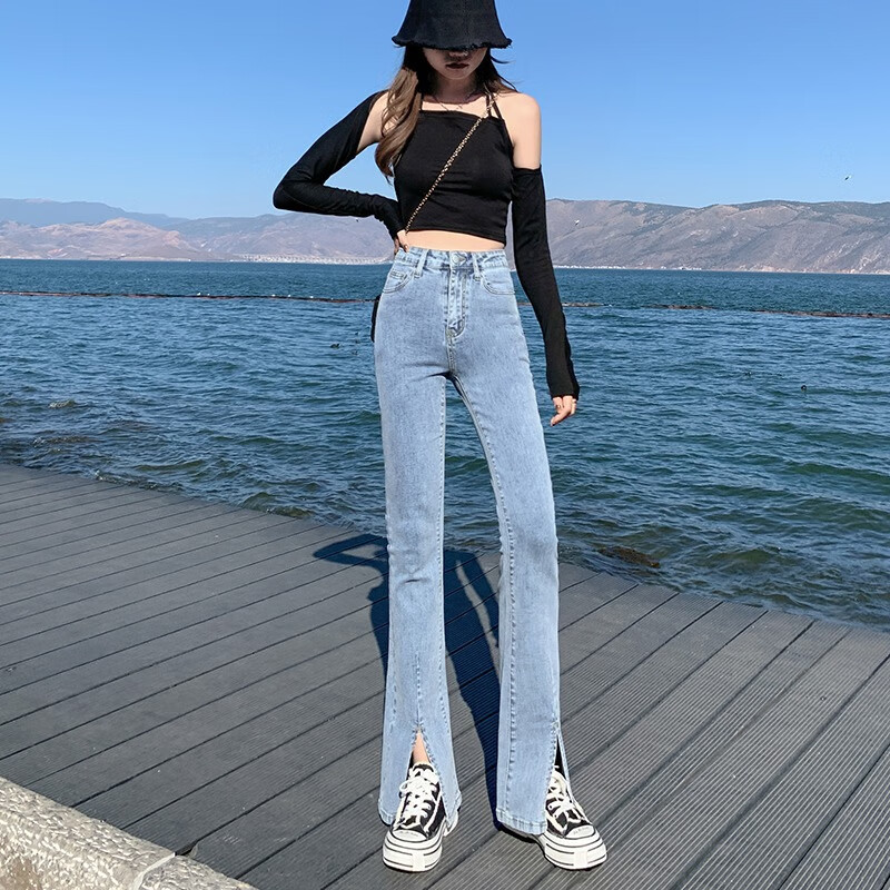 裤女2022新款秋季高腰显瘦百搭鱼尾直筒喇叭裤潮 开叉牛仔浅蓝长裤 s
