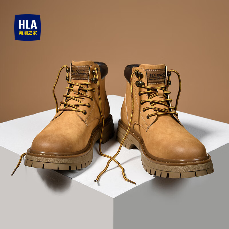 海澜之家马丁靴男潮流男鞋户外情侣款百搭防寒登山高帮工装大黄靴子男T121 土黄色-男款 39