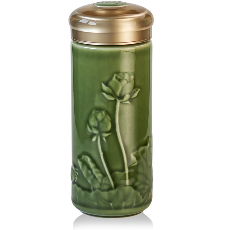 乾唐轩【官方授权】活瓷杯正品 和谐随身杯双层陶瓷水杯茶杯送人礼品 耀州绿（礼盒包装带杯刷杯套）