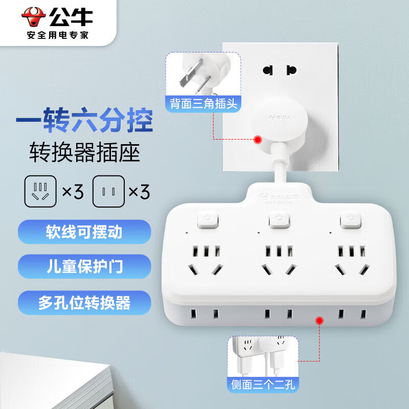 公牛（BULL）多功能插座柔性一轉(zhuǎn)多插排插座轉(zhuǎn)換插頭拓展插座不檔開關(guān)電源轉(zhuǎn)換插頭擴展轉(zhuǎn)換器 一轉(zhuǎn)六三開關(guān)/97333/柔性帶插頭 43