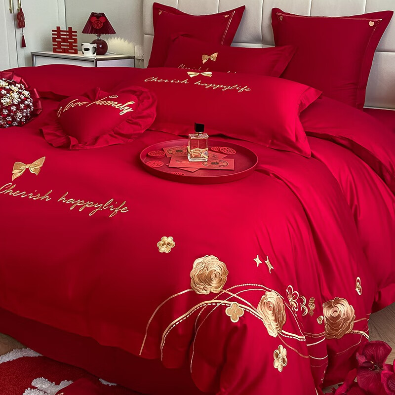 水星系列结婚床上用品四件套婚庆纯棉全棉床单被套大红色喜被婚房 玫瑰 chuang qi 六件套15/1.8床【被套2.0*2.3】