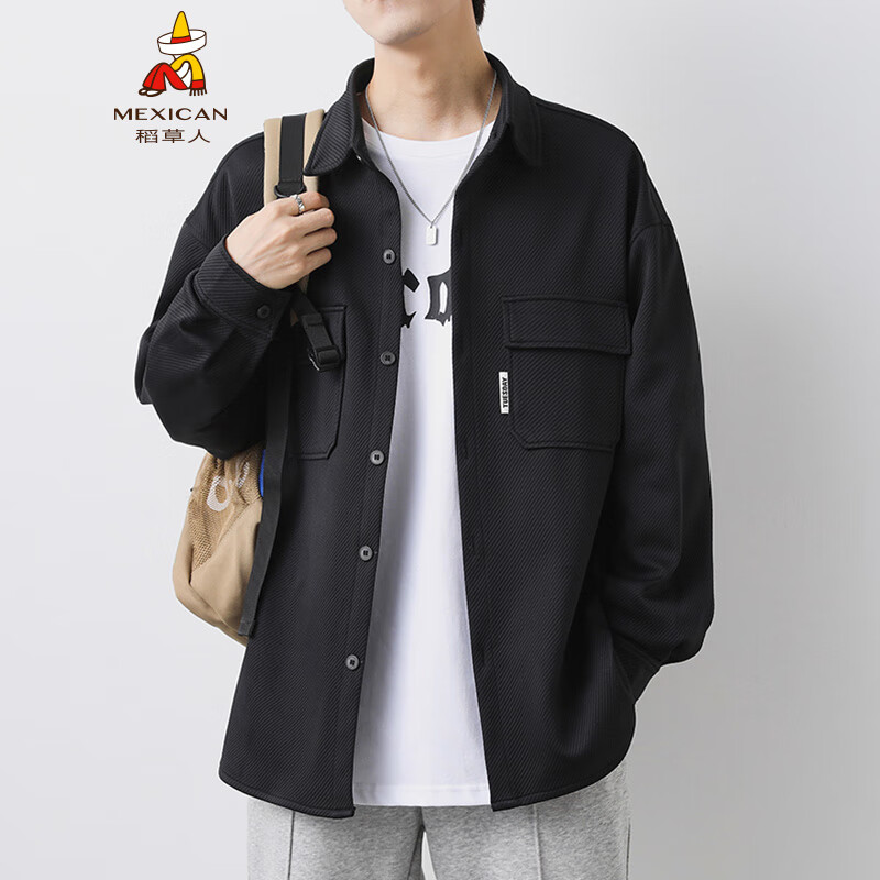 稻草人外套男春秋新款宽松休闲男装翻领上衣服男士潮牌日系工装衬衫男