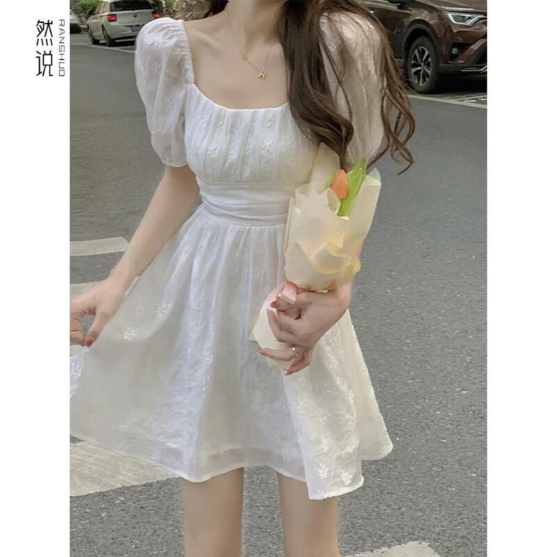 御仕达法式泡泡袖短袖连衣裙女夏季薄款收腰显瘦白色漂