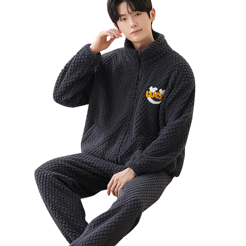 猫人【拉链可外穿】情侣睡衣男士睡衣男冬雪糕绒加厚保暖家居服灰色