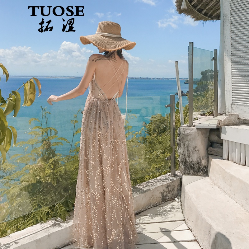 拓澀（TUOSE）連衣裙2020夏季新品巴厘島泰國三亞沙灘裙吊帶露背長裙超仙海邊度假連衣裙 香檳色漏背（肩帶為純色杏色） M