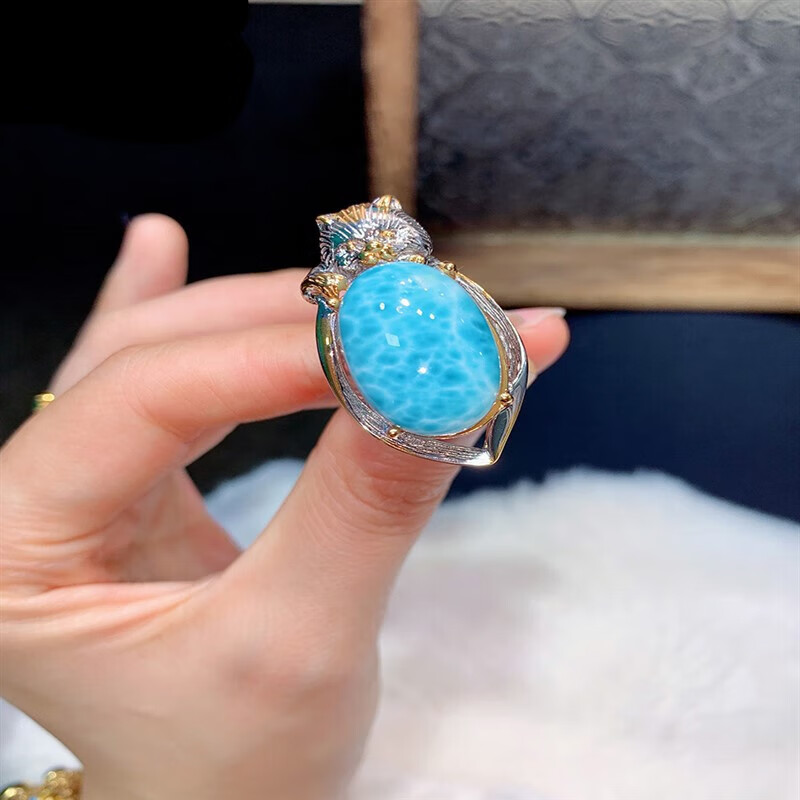 gmay招cai猫海纹石戒指 天空蓝玉化体 意大利艺 海纹石戒指