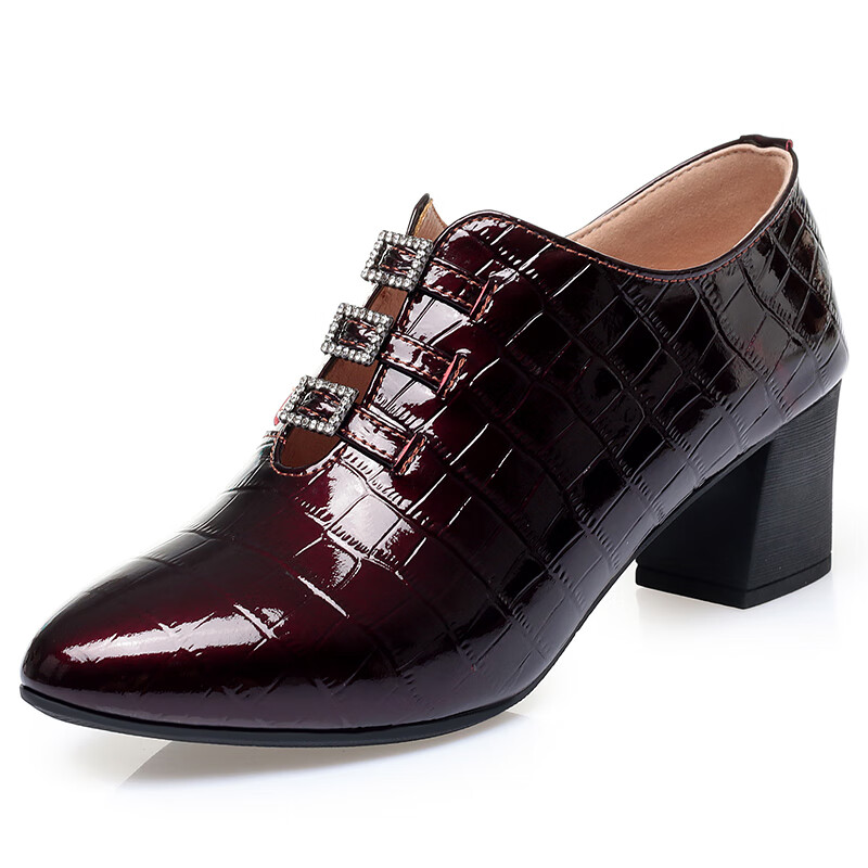 锁犳亮皮牛皮女鞋酒红色中跟女士皮鞋粗跟中年妈妈单鞋软皮软底不捂脚