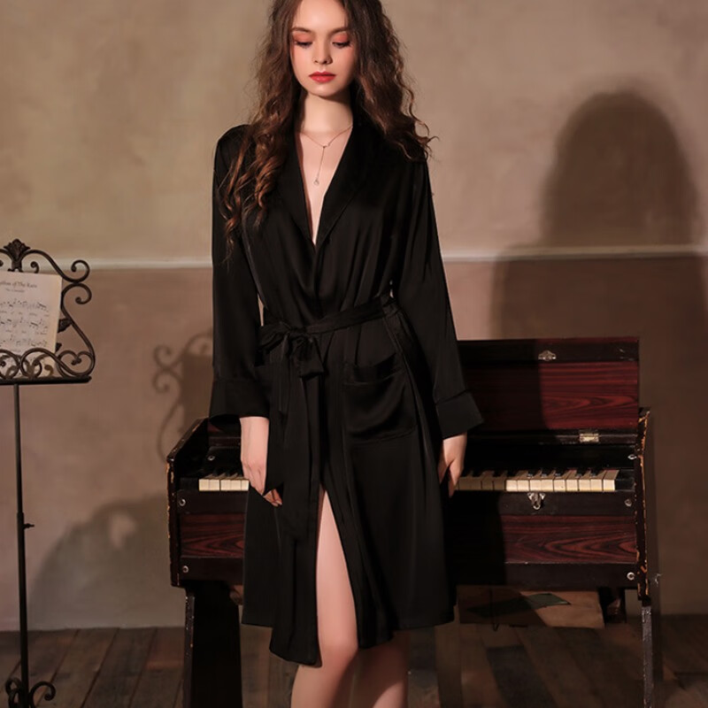 冰丝睡衣女士春秋季2024新款缎面晨袍家居服中长款浴衣浴袍睡袍 黑色