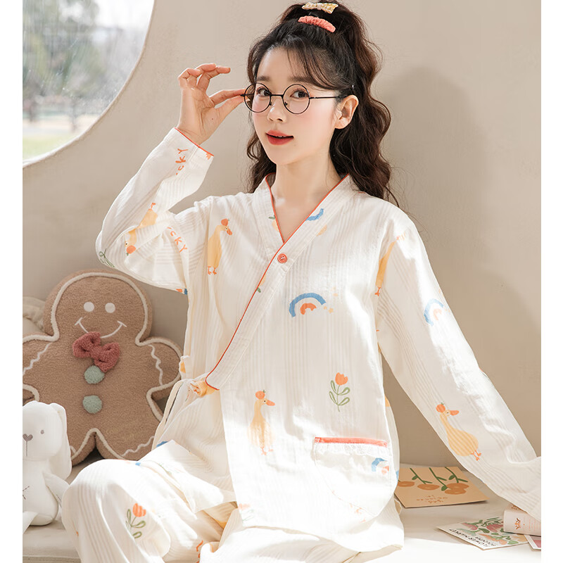 家の時(shí)光（Ht-home）月子服春夏季純棉紗布產(chǎn)后孕婦睡衣女春夏薄款產(chǎn)婦哺乳衣家居服 【提花和服款】甜橙小鴨 M碼 推薦105-125斤