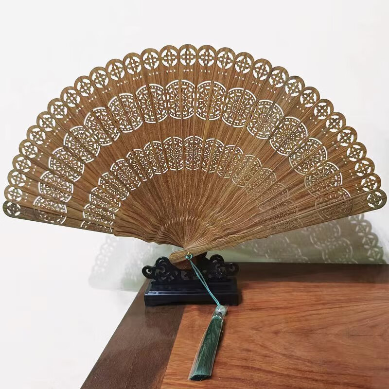 子木雅居蘇州檀香扇中國風(fēng)扇子折扇中國風(fēng)復(fù)古風(fēng)鏤空雕花扇送長輩生日禮物 綠檀花好月圓