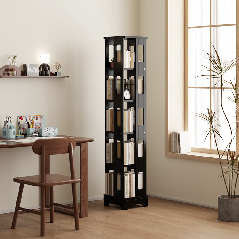 念之依全实木旋转书架360度书柜网红收纳家用客厅落地置物架 黑色