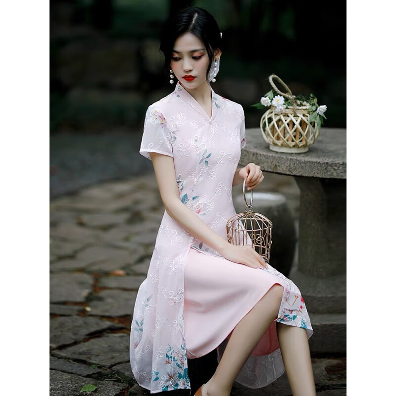 短款奥黛改良旗袍连衣裙女年轻中长旗袍裙hqf 粉色 m(约适合85-95斤)