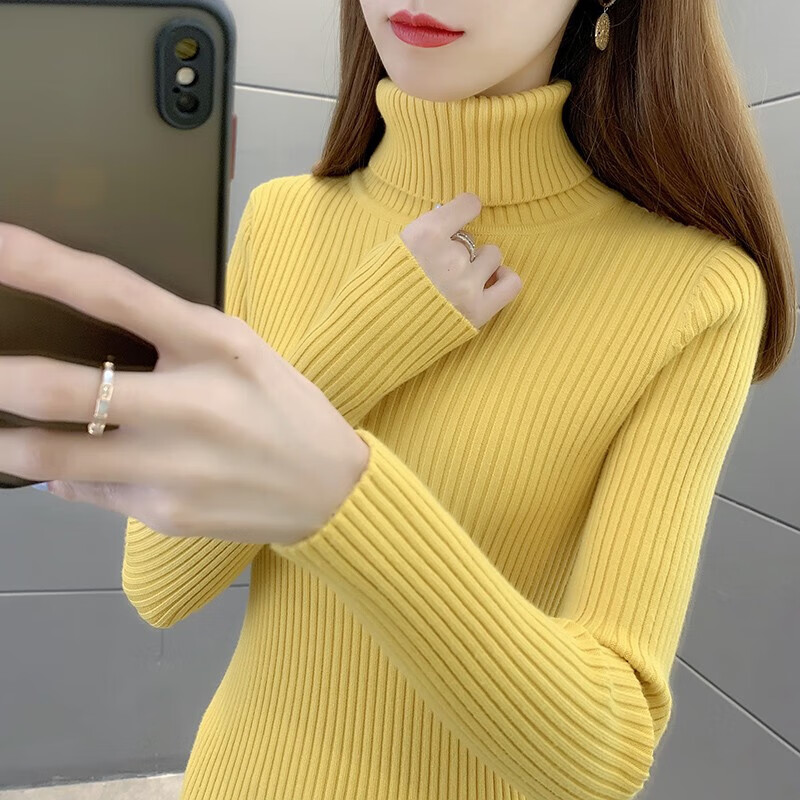 香影芬新款针织衫女高领毛衣女秋冬内搭新款纯色修身显瘦洋气打底衫女 卡其色 S (建议95斤以内)