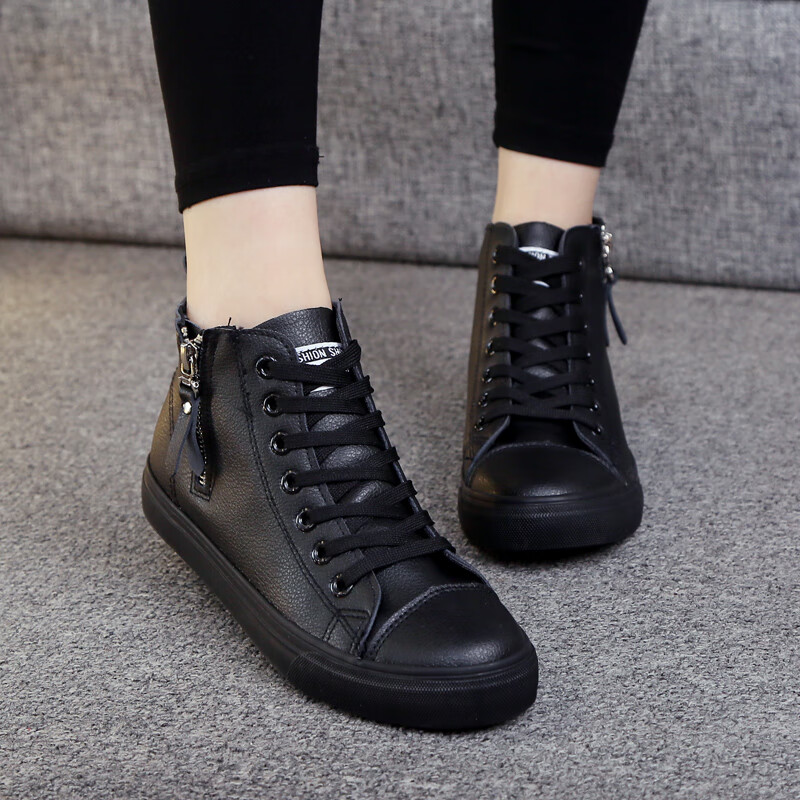 校服休闲鞋秋款全黑色皮面高帮鞋韩版女百搭学生内增高帆布鞋防水板鞋