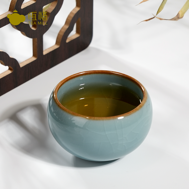 恒福哥窑陶瓷茶杯福缘香伴杯主人杯功夫茶杯礼盒装 天蓝色