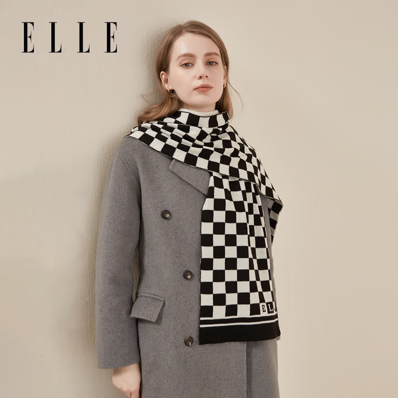 ELLE女士围巾棋盘格子羊毛针织围巾男秋冬保暖百搭黑白格提花围脖 黑白格