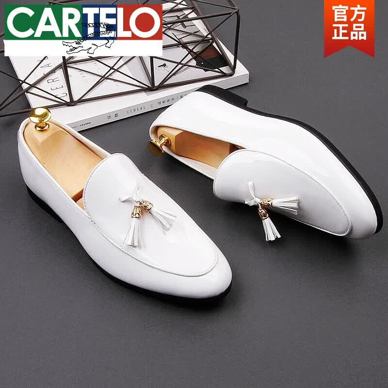 卡帝乐鳄鱼（CARTELO）流苏豆豆鞋男真皮潮流一脚蹬尖头皮鞋男商务正装增高漆皮乐福鞋男 A款黑色 40