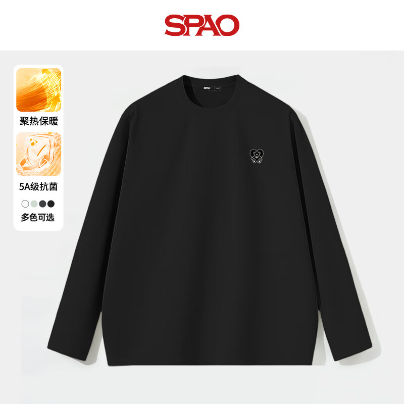 SPAO韩国同款时尚潮流小熊T恤男款秋冬加绒加厚保暖上衣SPCX25SG02LD 黑#SP心形小熊白-贴布绣 XL