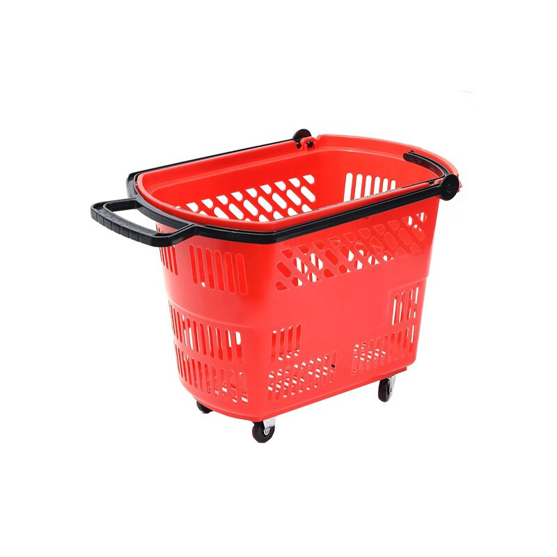卡莱文超市购物篮手提篮塑料篮子拉杆带轮大号加厚便利店购物篮菜筐 中号豪华拉杆红色35升