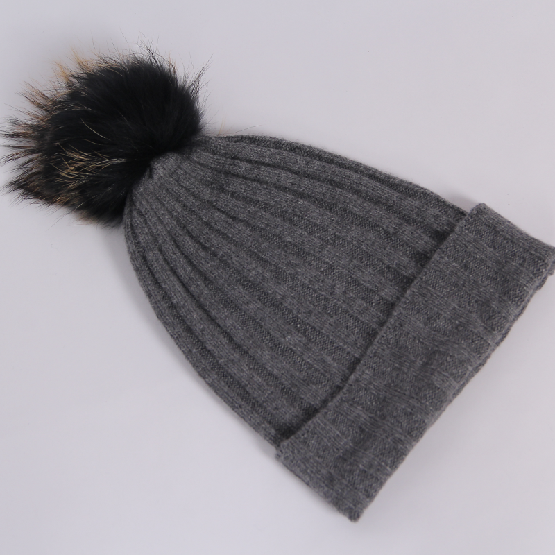 开喜米儿 罗文羊绒灰色帽高端100%羊绒针织帽子女秋冬季抽条貉子毛球毛线帽子保暖厚款